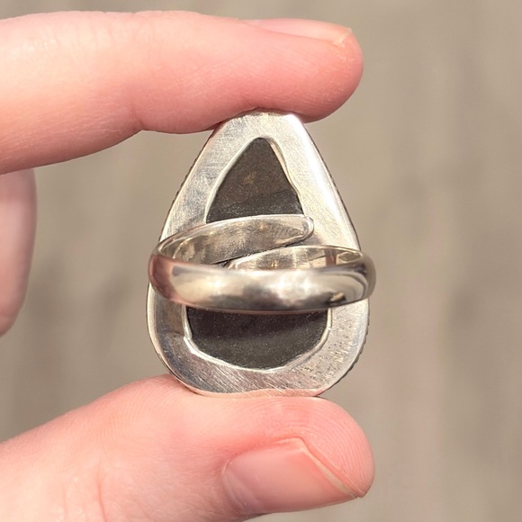 Vintage Sterling Large Blue Ammolite Ring, Triangle Doublet Adjustable Band